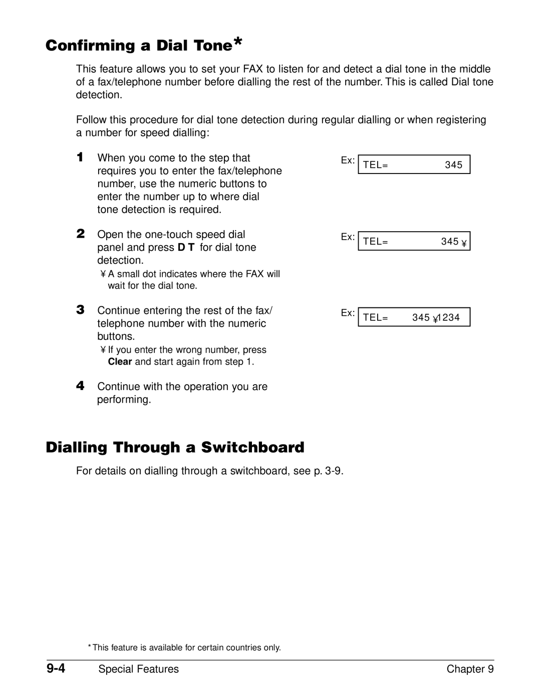 Canon FAX-L290, FAX-L240 manual Confirming a Dial Tone, Dialling Through a Switchboard 