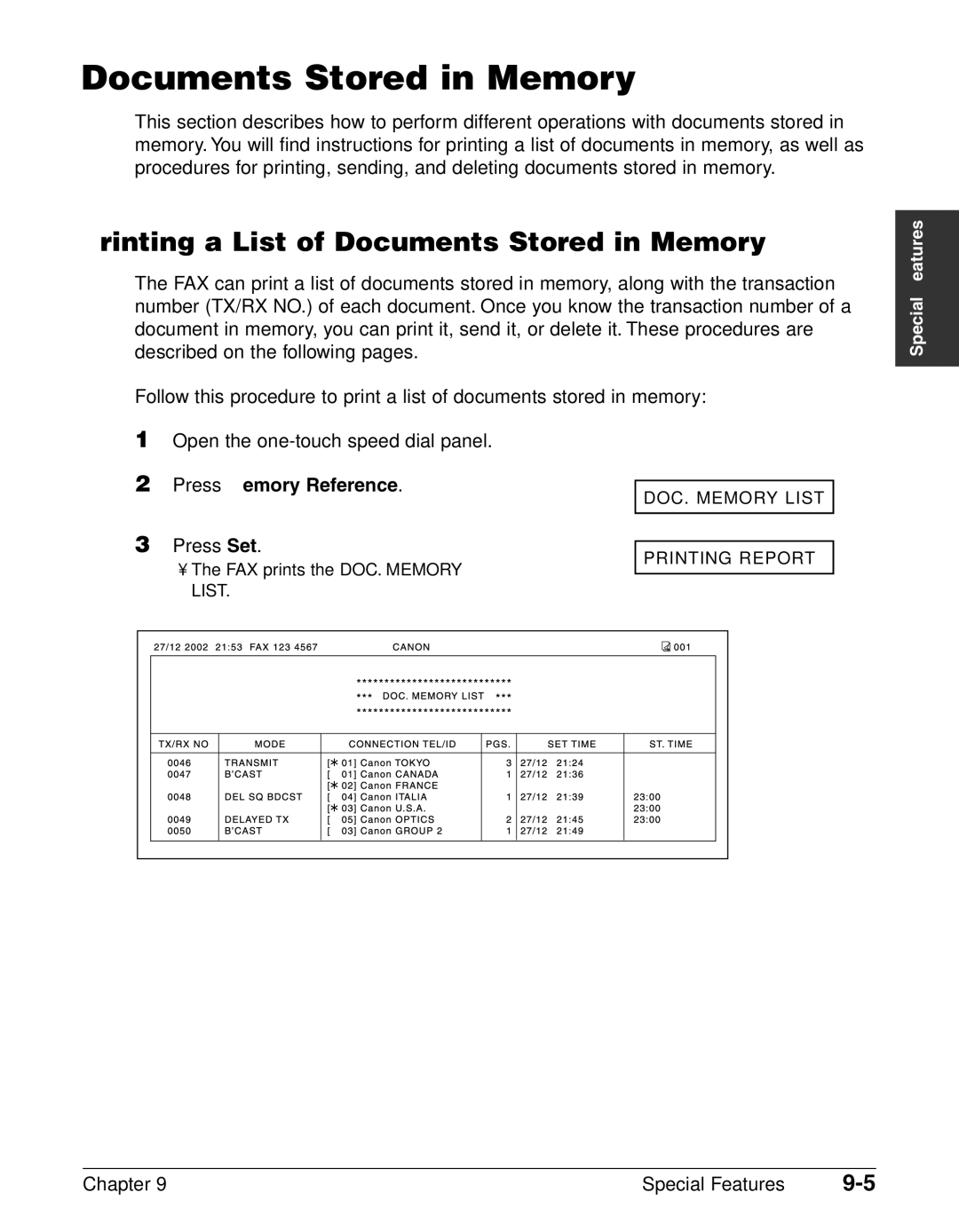 Canon FAX-L240, FAX-L290 manual Printing a List of Documents Stored in Memory, Press Memory Reference 