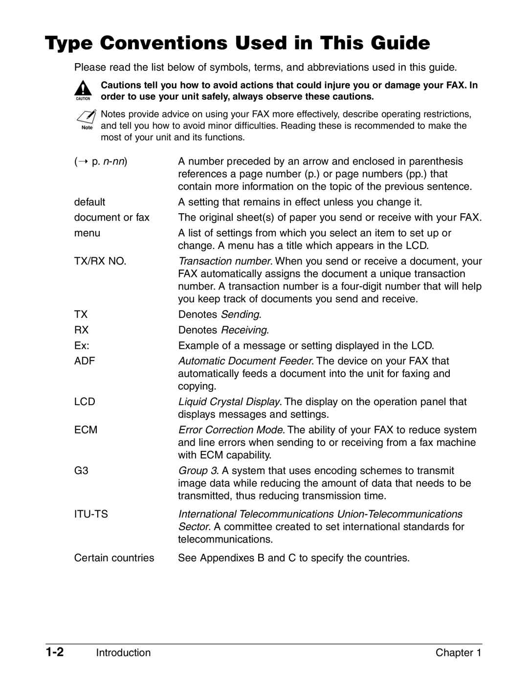 Canon FAX-L290, FAX-L240 manual Type Conventions Used in This Guide, TX/RX no ADF LCD ECM ITU-TS 