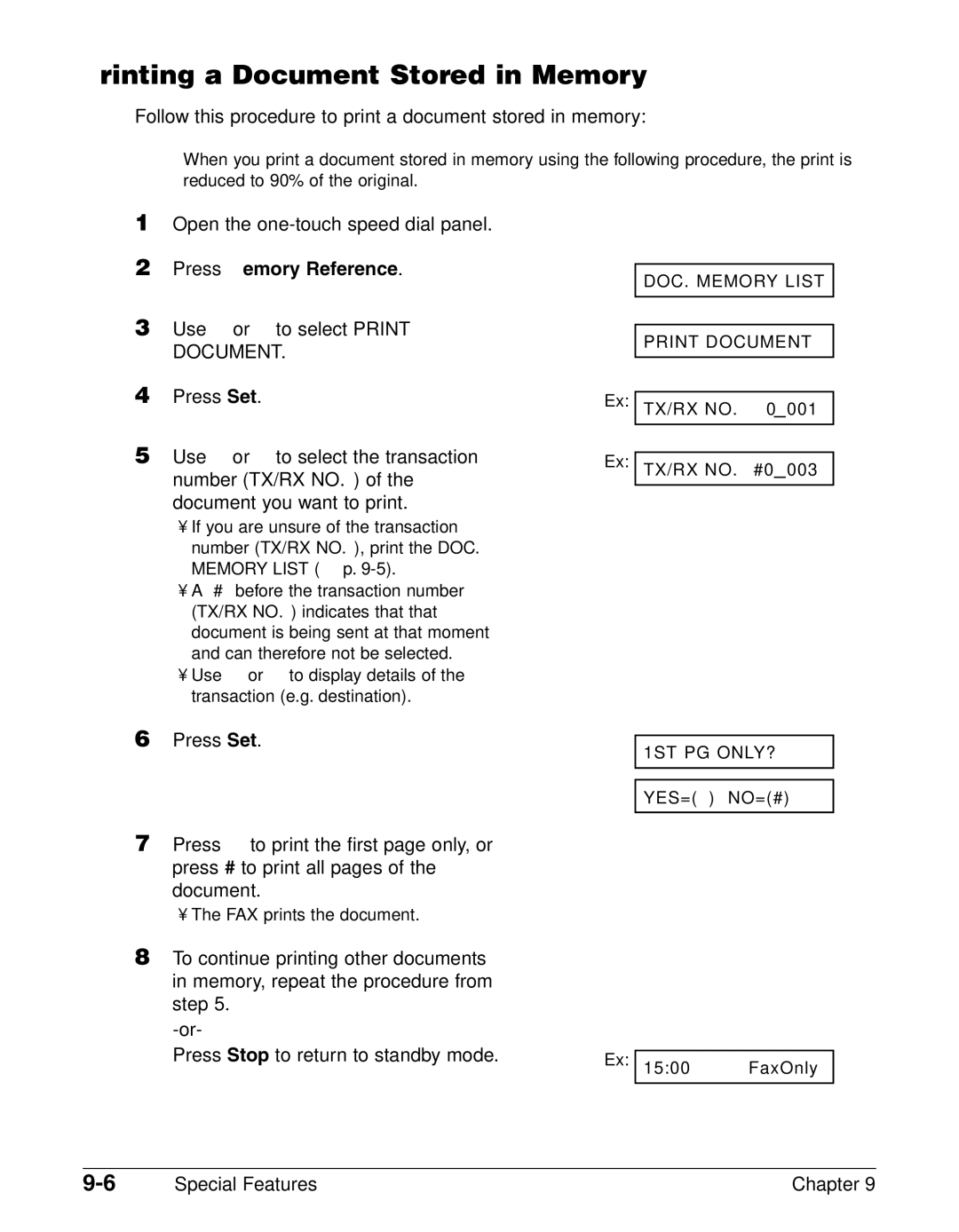 Canon FAX-L290, FAX-L240 Printing a Document Stored in Memory, Follow this procedure to print a document stored in memory 