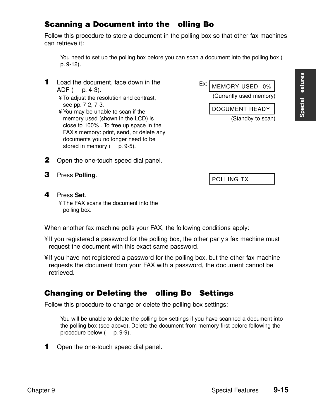 Canon FAX-L240, FAX-L290 manual Scanning a Document into the Polling Box, Changing or Deleting the Polling Box Settings 