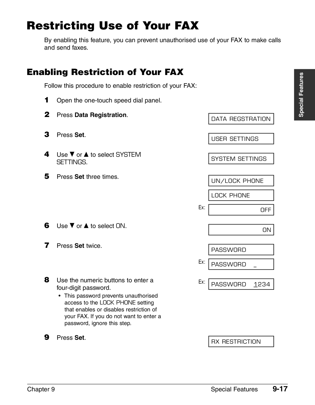 Canon FAX-L240, FAX-L290 manual Restricting Use of Your FAX, Enabling Restriction of Your FAX 