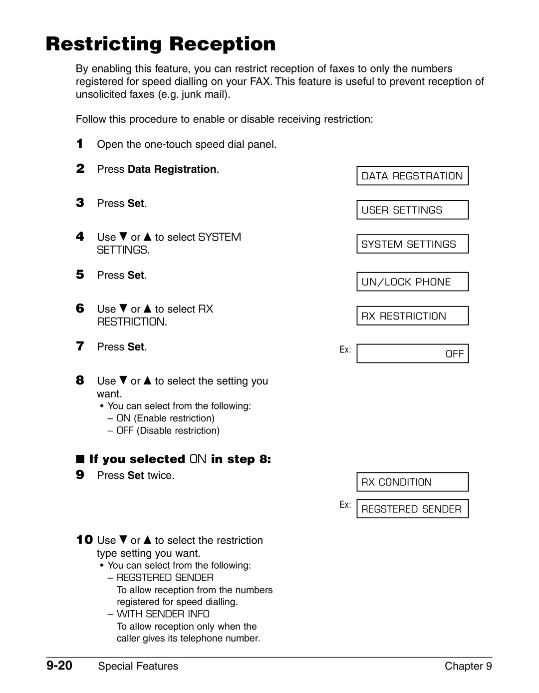 Canon FAX-L290, FAX-L240 manual Restricting Reception, Use ∂ or ¨ to select the restriction type setting you want 