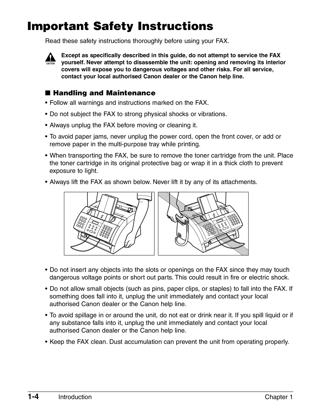 Canon FAX-L290, FAX-L240 manual Important Safety Instructions, Handling and Maintenance 