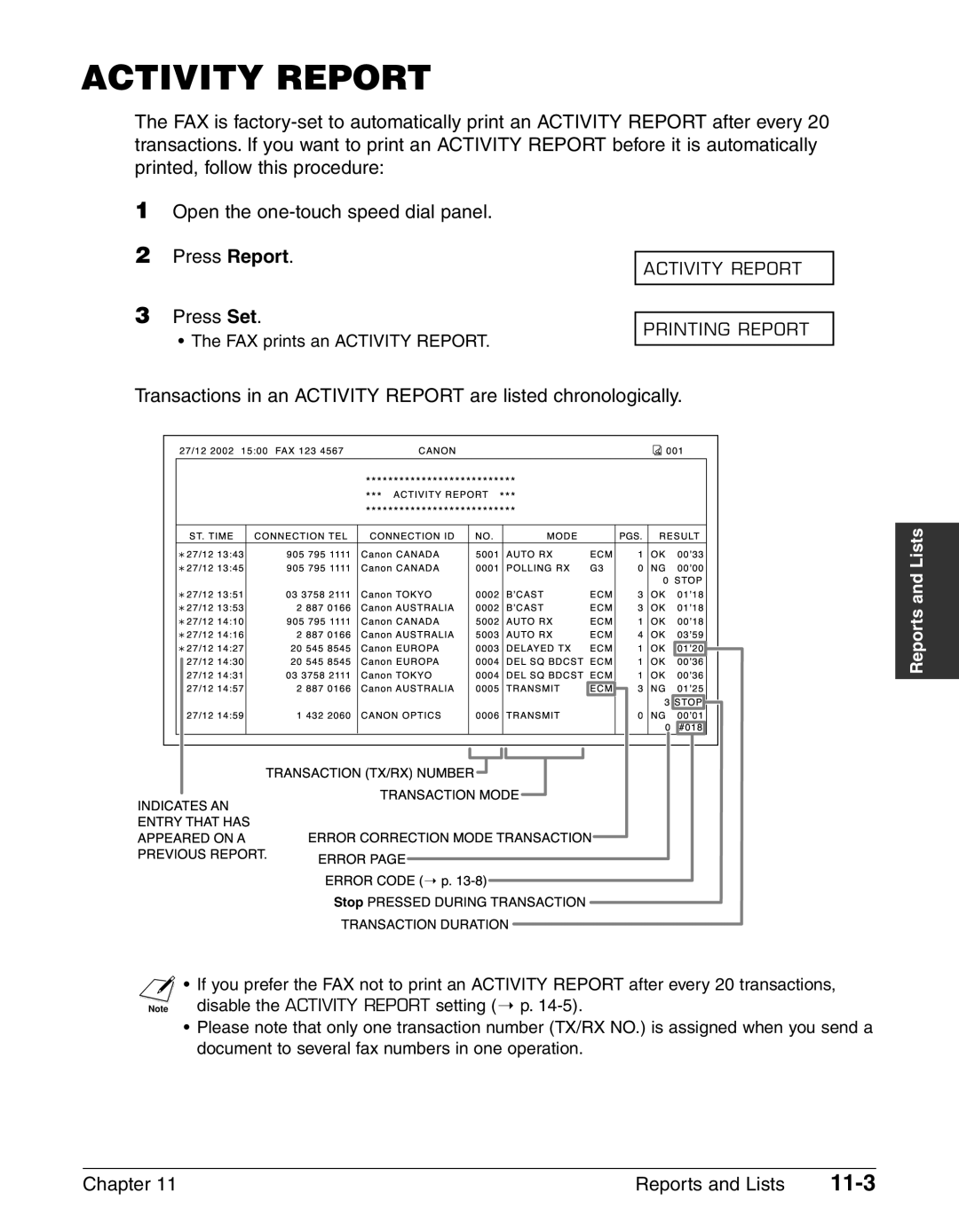 Canon FAX-L240, FAX-L290 manual Activity Report, 11-3 