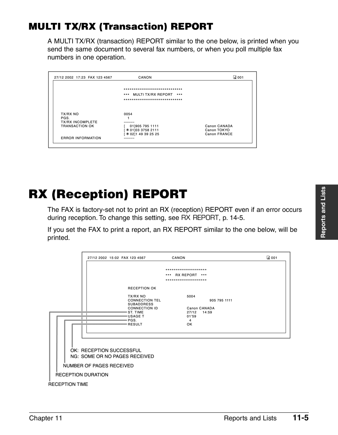 Canon FAX-L240, FAX-L290 manual RX Reception Report, Multi TX/RX Transaction Report, 11-5 