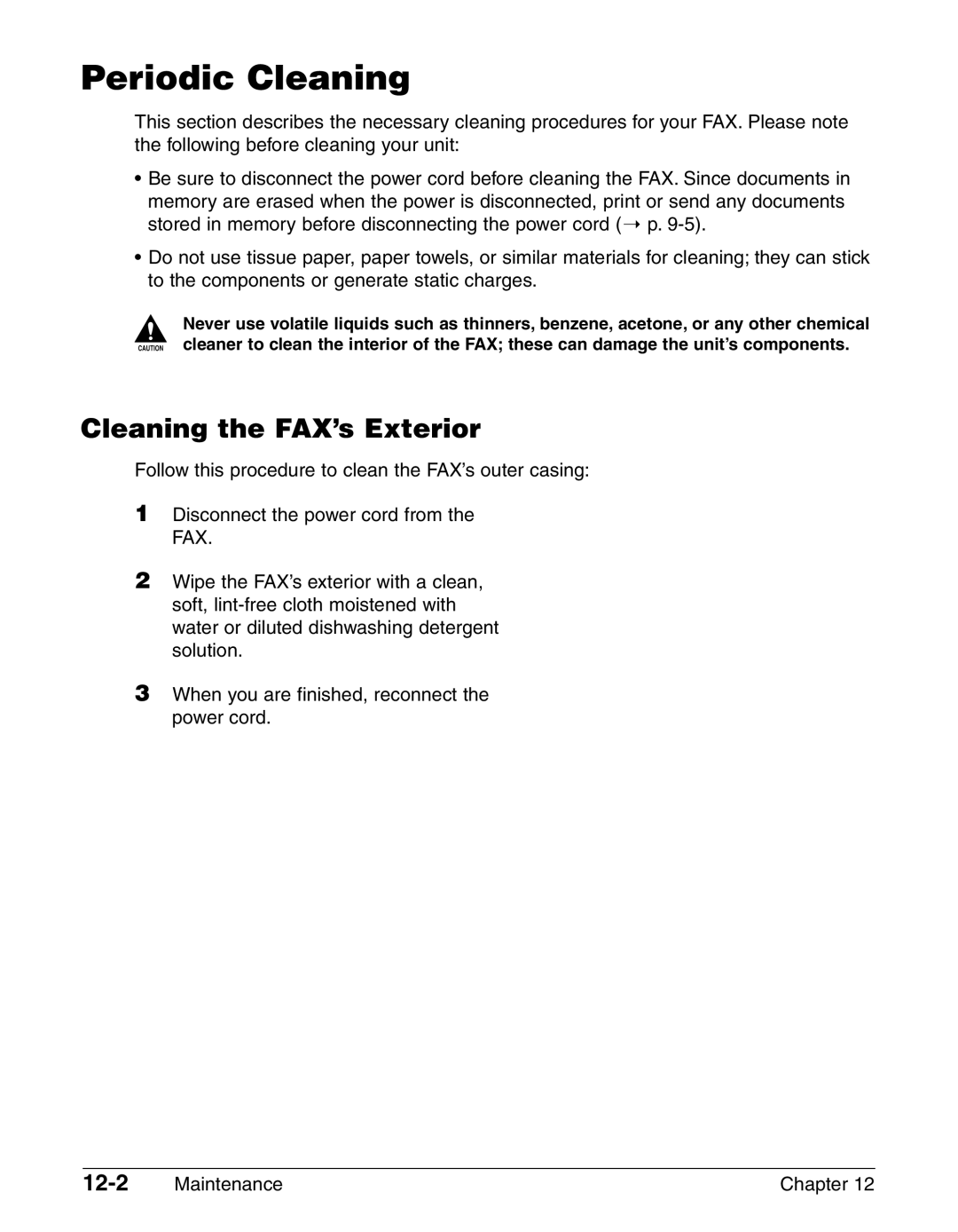 Canon FAX-L290, FAX-L240 manual Periodic Cleaning, Cleaning the FAX’s Exterior, 12-2, Maintenance Chapter 