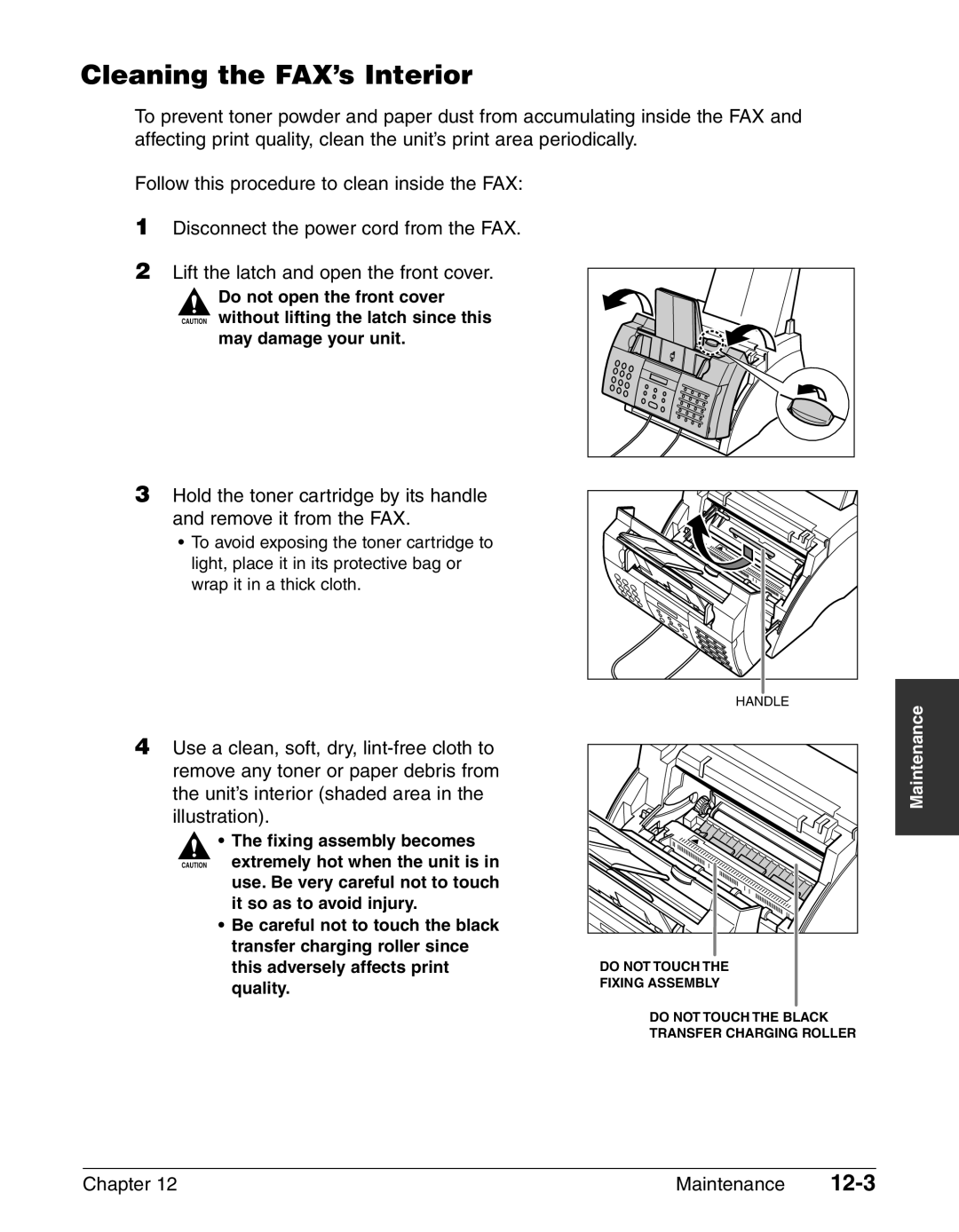 Canon FAX-L240, FAX-L290 manual Cleaning the FAX’s Interior, 12-3 