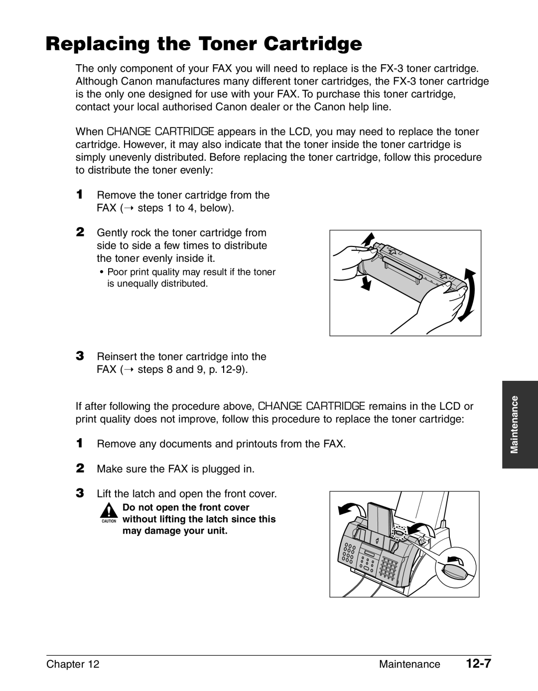 Canon FAX-L240, FAX-L290 manual Replacing the Toner Cartridge, 12-7 