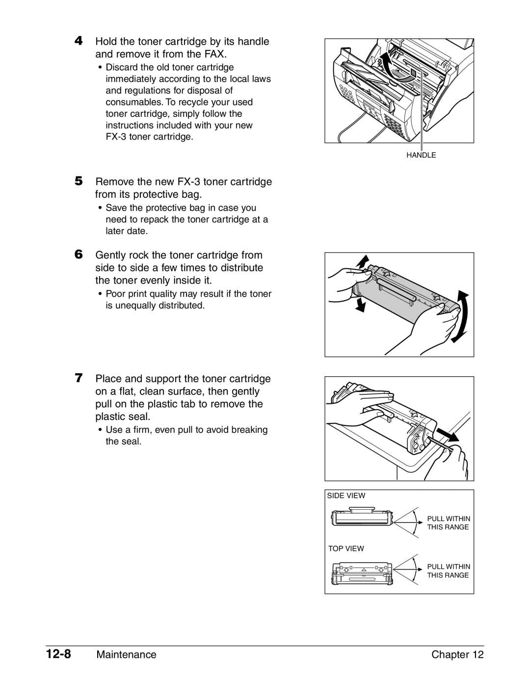 Canon FAX-L290, FAX-L240 manual 12-8, Remove the new FX-3 toner cartridge from its protective bag 