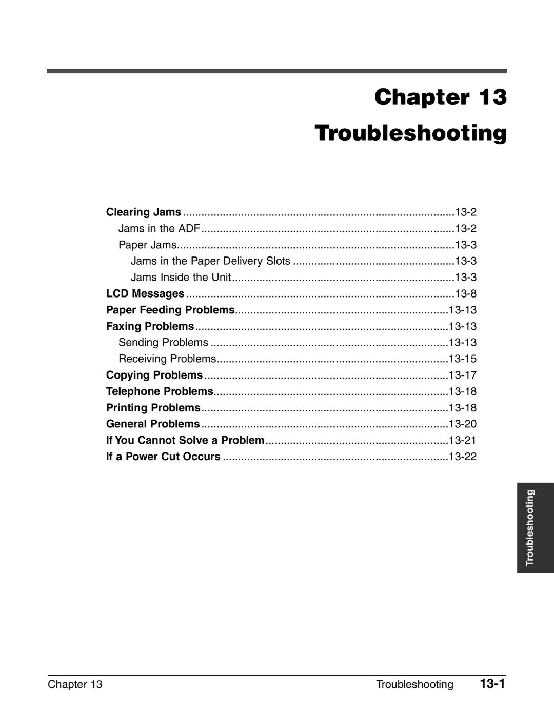 Canon FAX-L240, FAX-L290 manual Chapter Troubleshooting, 13-1, Jams in the Paper Delivery Slots 13-3 Jams Inside the Unit 