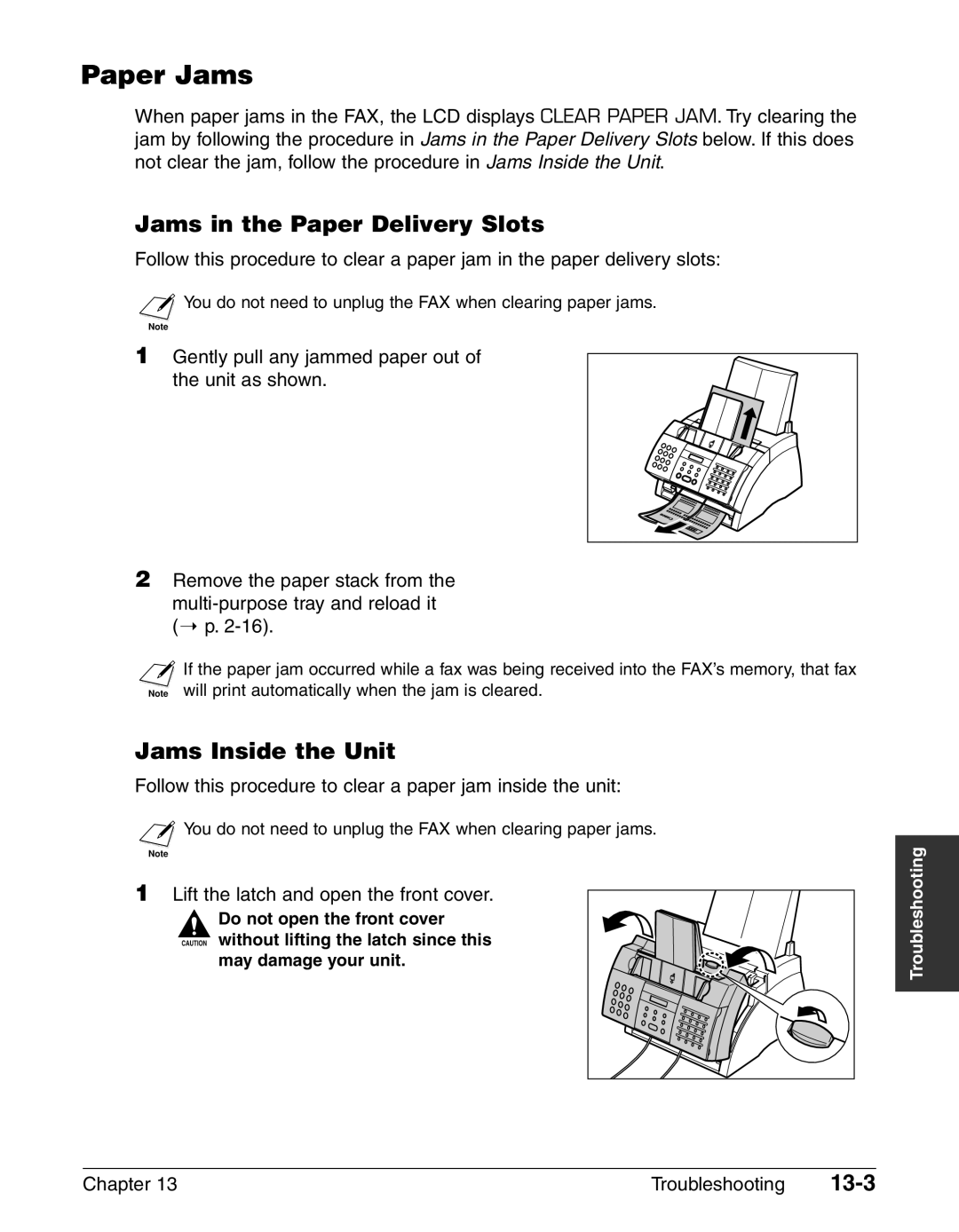 Canon FAX-L240, FAX-L290 manual Paper Jams, Jams in the Paper Delivery Slots, Jams Inside the Unit, 13-3 