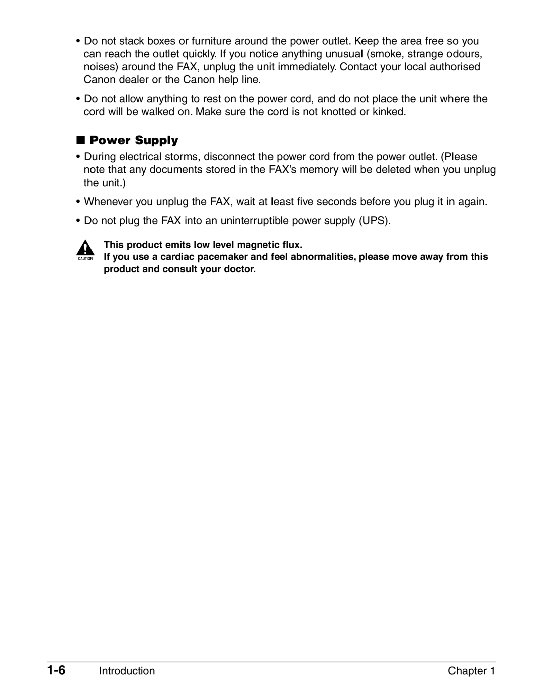 Canon FAX-L290, FAX-L240 manual Power Supply, Introduction Chapter 