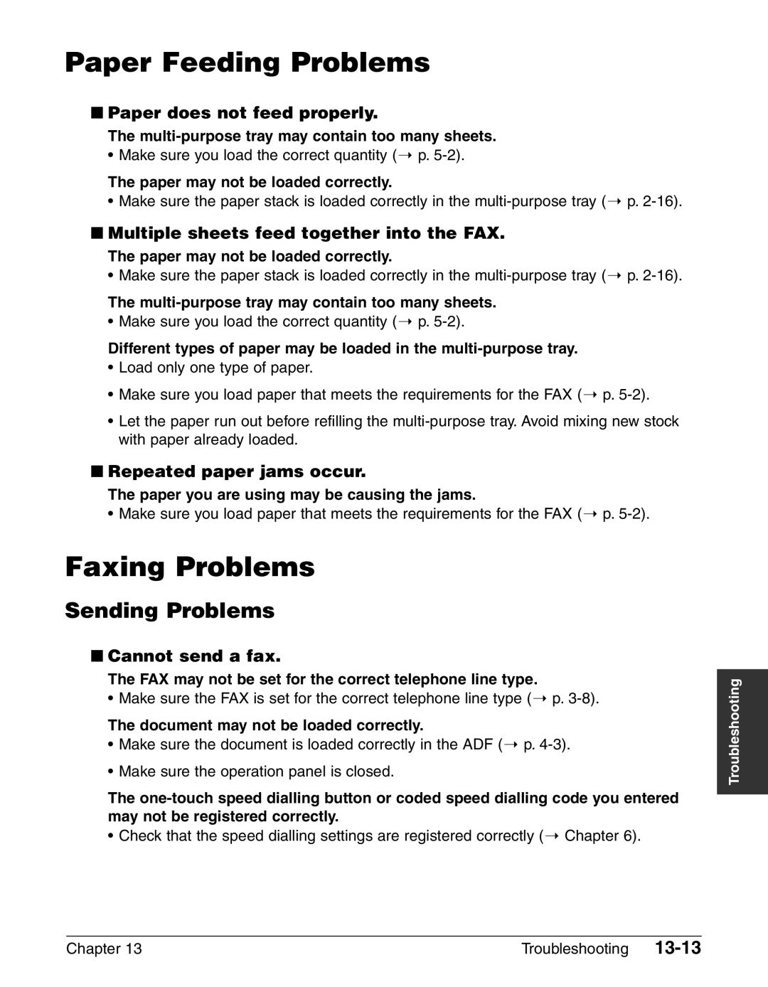 Canon FAX-L240, FAX-L290 manual Paper Feeding Problems, Faxing Problems, Sending Problems 