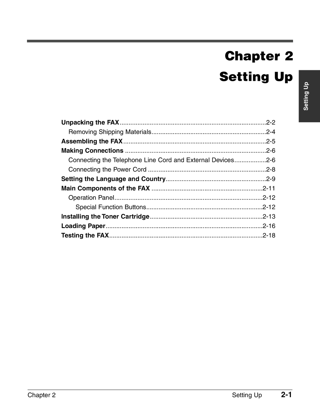 Canon FAX-L240, FAX-L290 manual Chapter Setting Up, Connecting the Telephone Line Cord and External Devices 