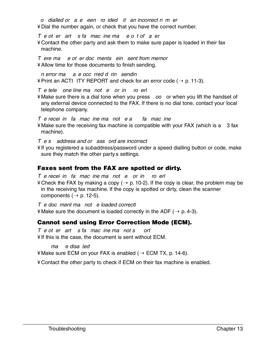 Canon FAX-L290, FAX-L240 manual Faxes sent from the FAX are spotted or dirty, Cannot send using Error Correction Mode ECM 