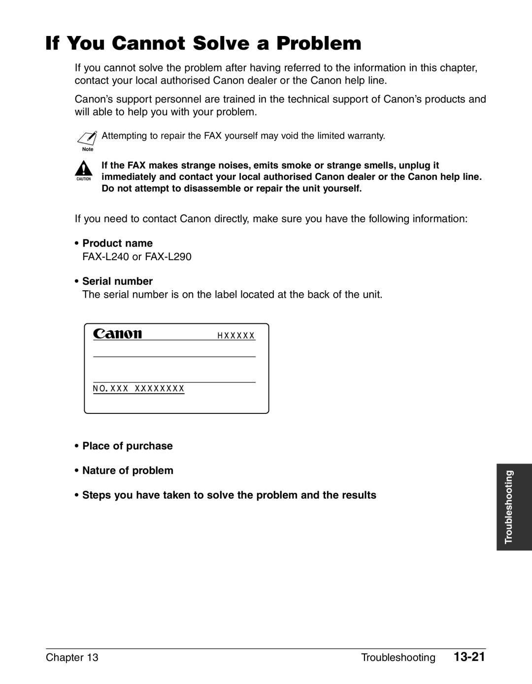 Canon manual If You Cannot Solve a Problem, Product name FAX-L240 or FAX-L290 Serial number 