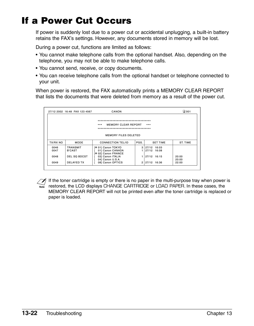 Canon FAX-L290, FAX-L240 manual If a Power Cut Occurs, 13-22Troubleshooting Chapter 