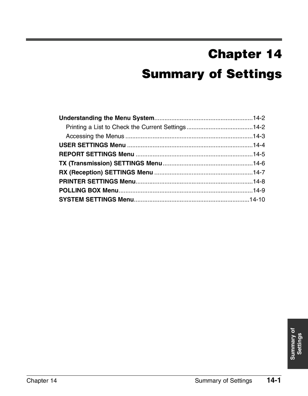 Canon FAX-L240, FAX-L290 manual Chapter Summary of Settings, 14-1 