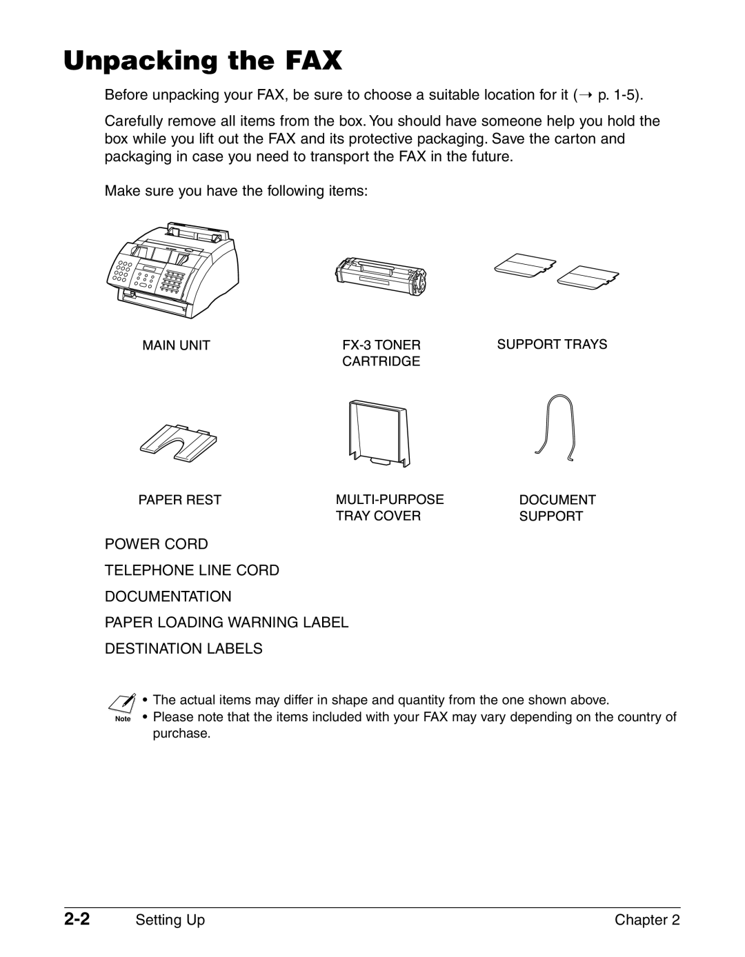 Canon FAX-L290, FAX-L240 manual Unpacking the FAX, Setting Up Chapter 