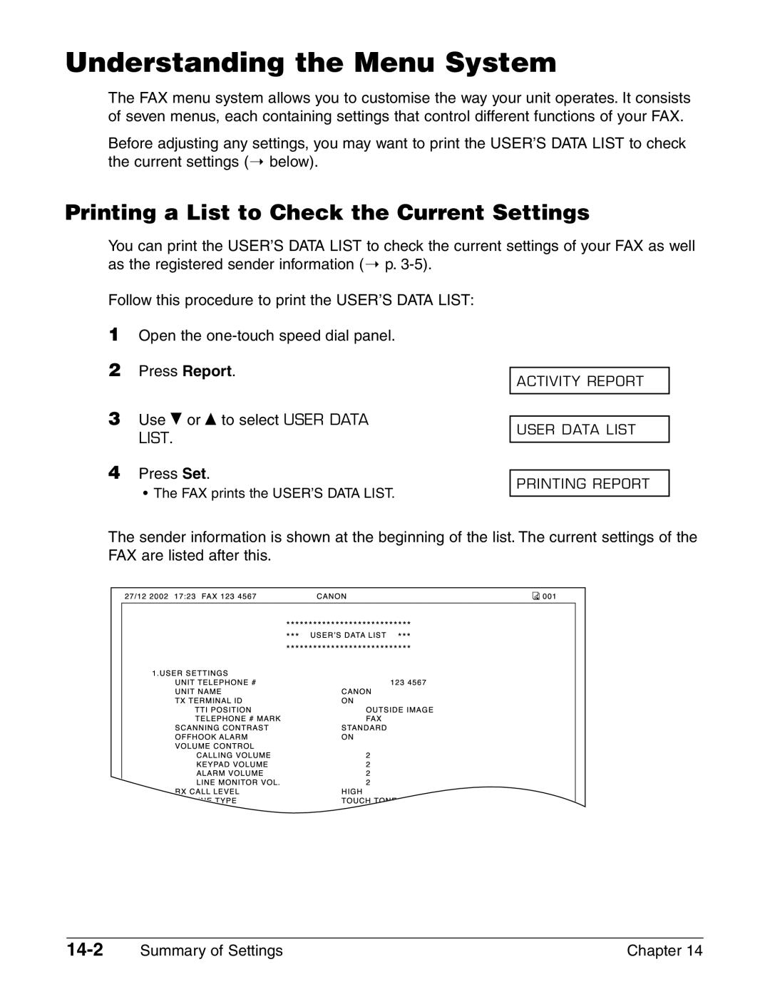 Canon FAX-L290, FAX-L240 manual Understanding the Menu System, Printing a List to Check the Current Settings, 14-2 