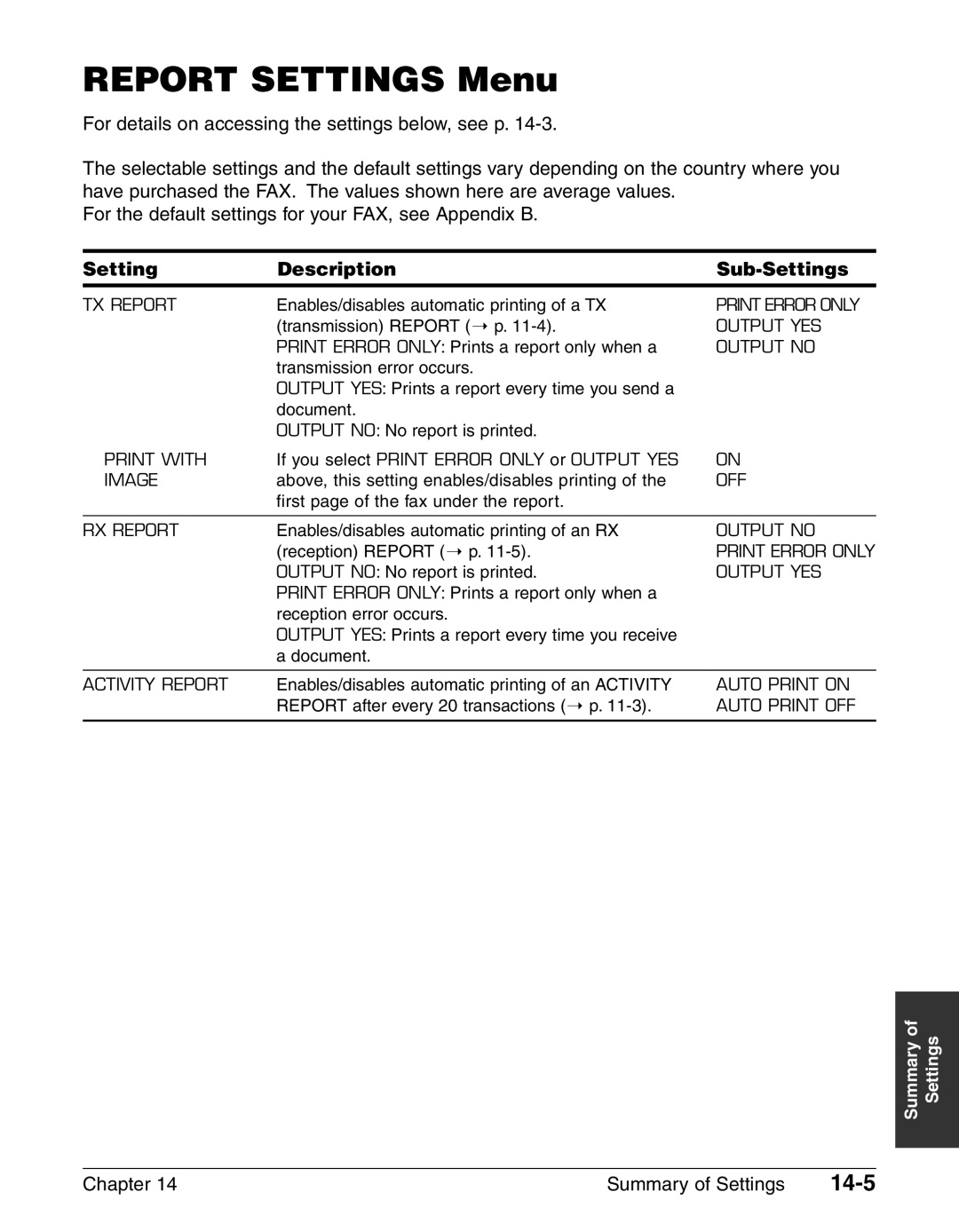 Canon FAX-L240, FAX-L290 manual Report Settings Menu, 14-5 