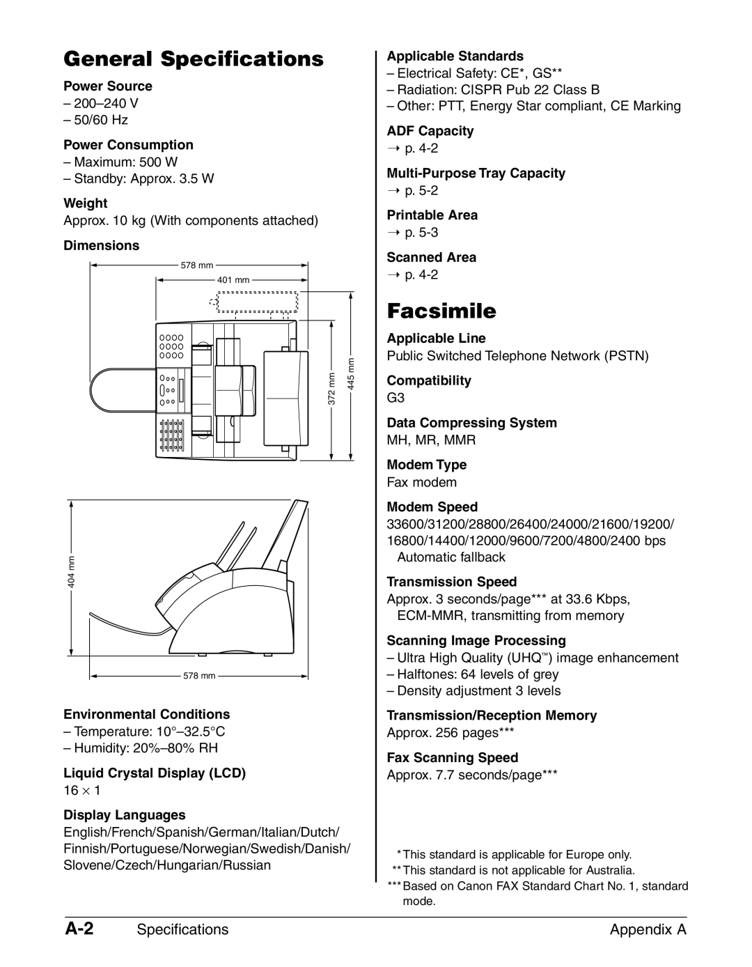 Canon FAX-L290, FAX-L240 manual General Specifications, Facsimile, Specifications Appendix a 