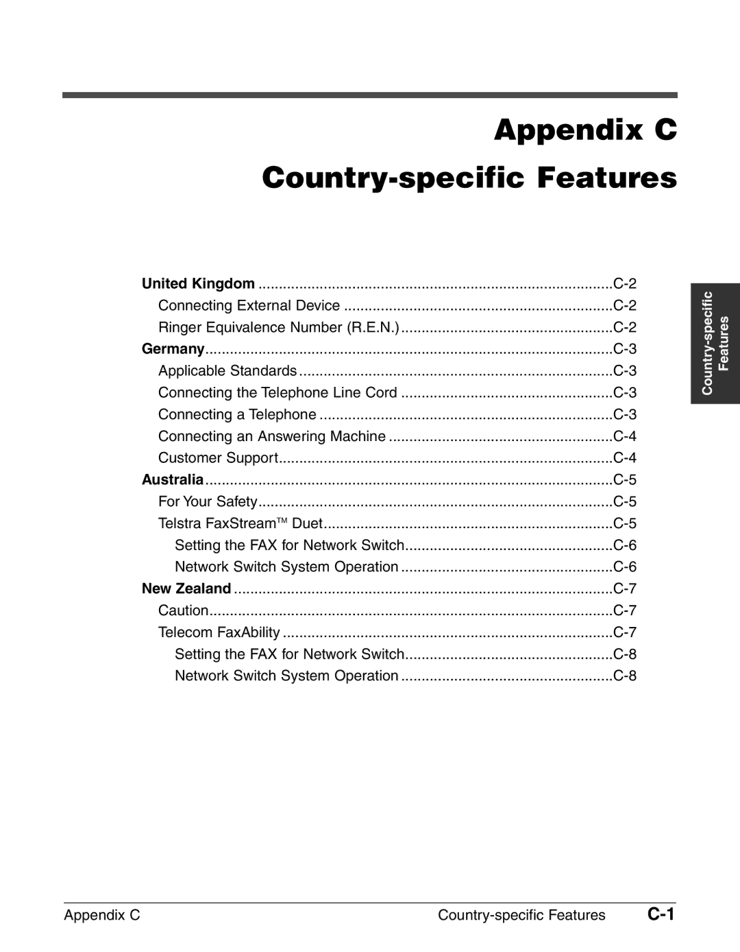 Canon FAX-L240, FAX-L290 Appendix C Country-specific Features, Connecting External Device Ringer Equivalence Number R.E.N 