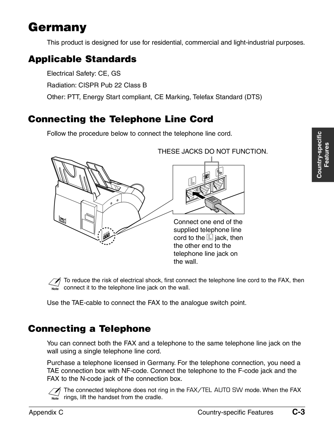 Canon FAX-L240, FAX-L290 manual Germany, Applicable Standards, Connecting the Telephone Line Cord, Connecting a Telephone 