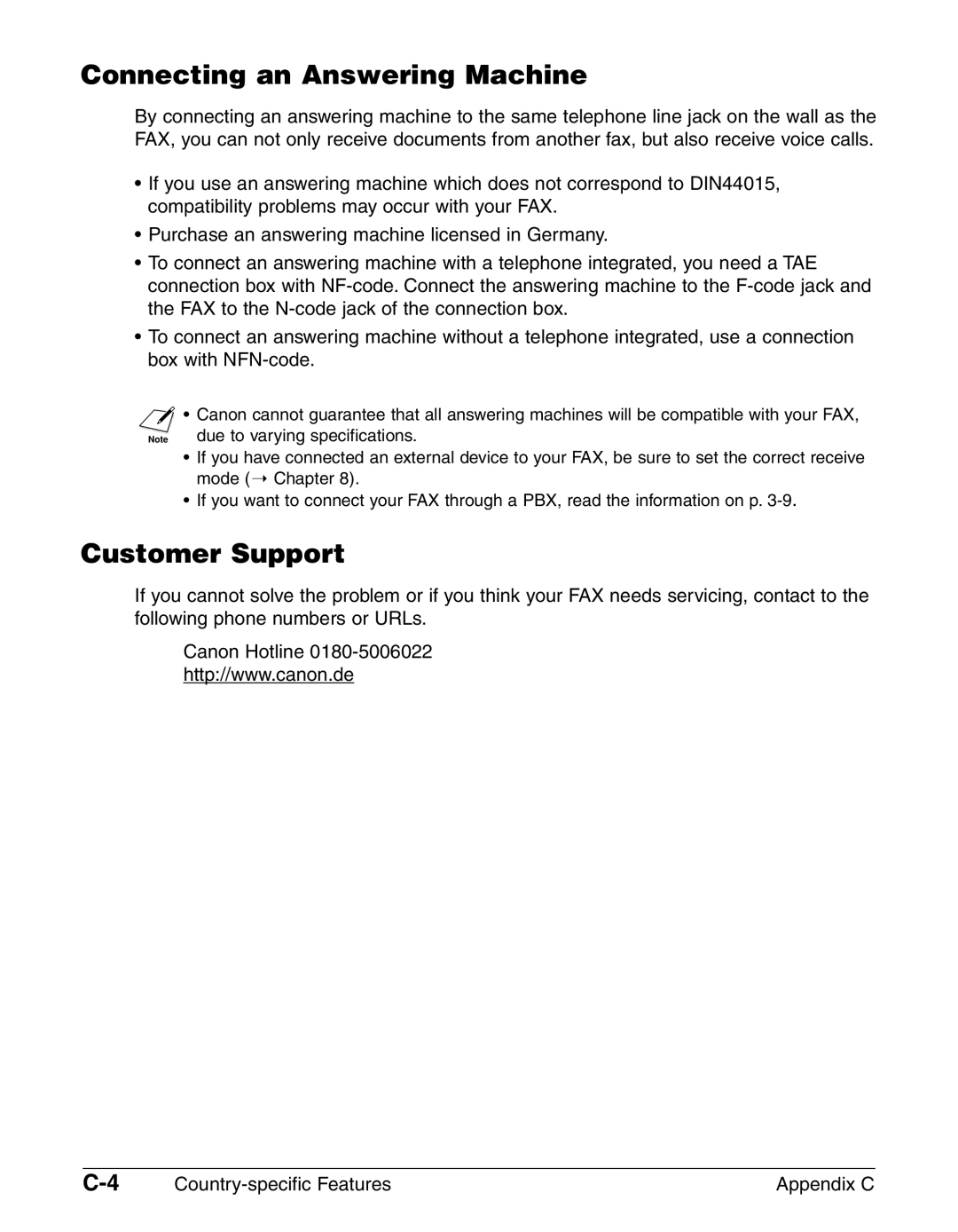 Canon FAX-L290, FAX-L240 manual Connecting an Answering Machine, Customer Support 