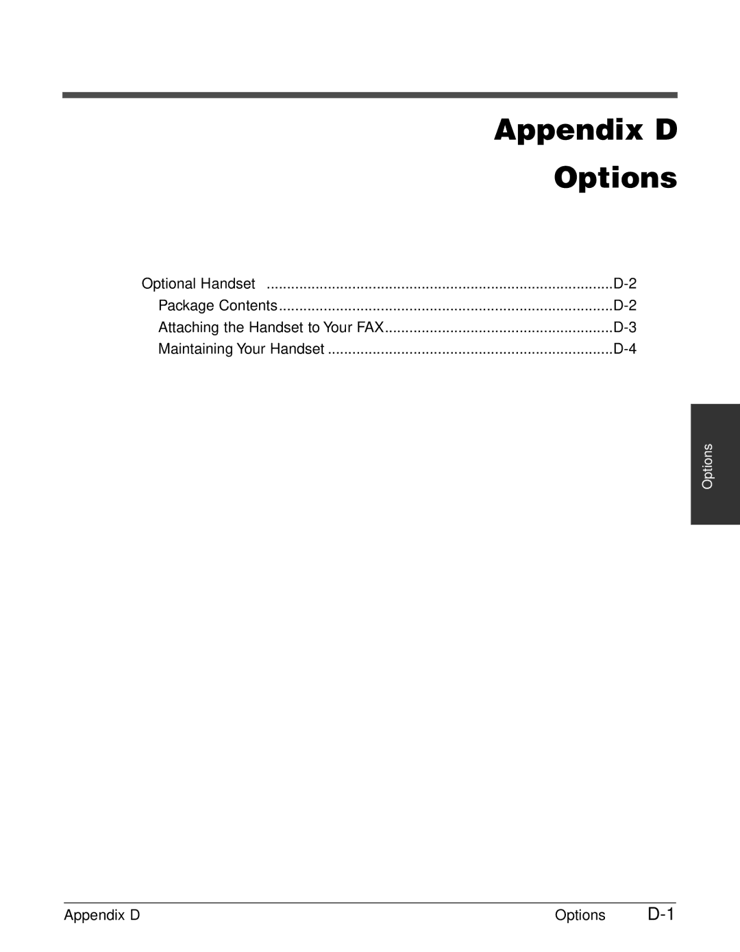 Canon FAX-L240, FAX-L290 manual Appendix D Options, Attaching the Handset to Your FAX 