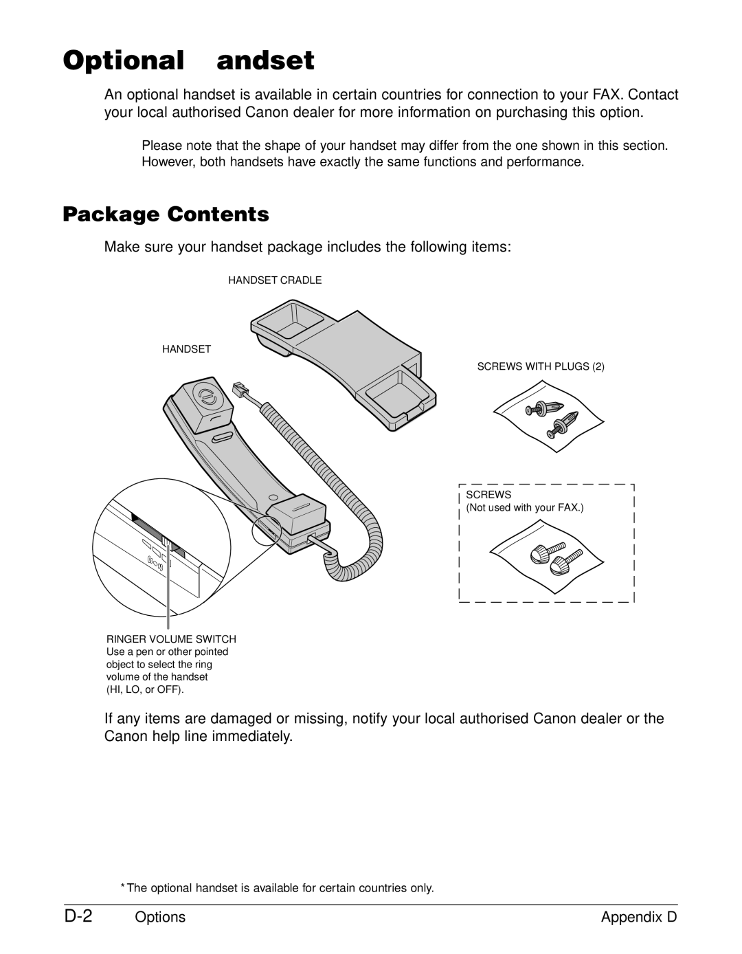 Canon FAX-L290, FAX-L240 manual Optional Handset, Package Contents 