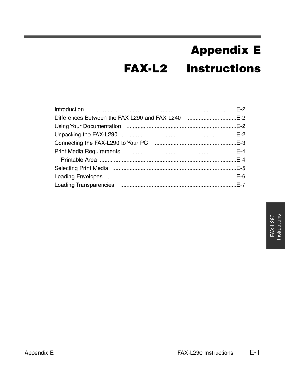 Canon FAX-L240 manual Appendix E FAX-L290 Instructions 