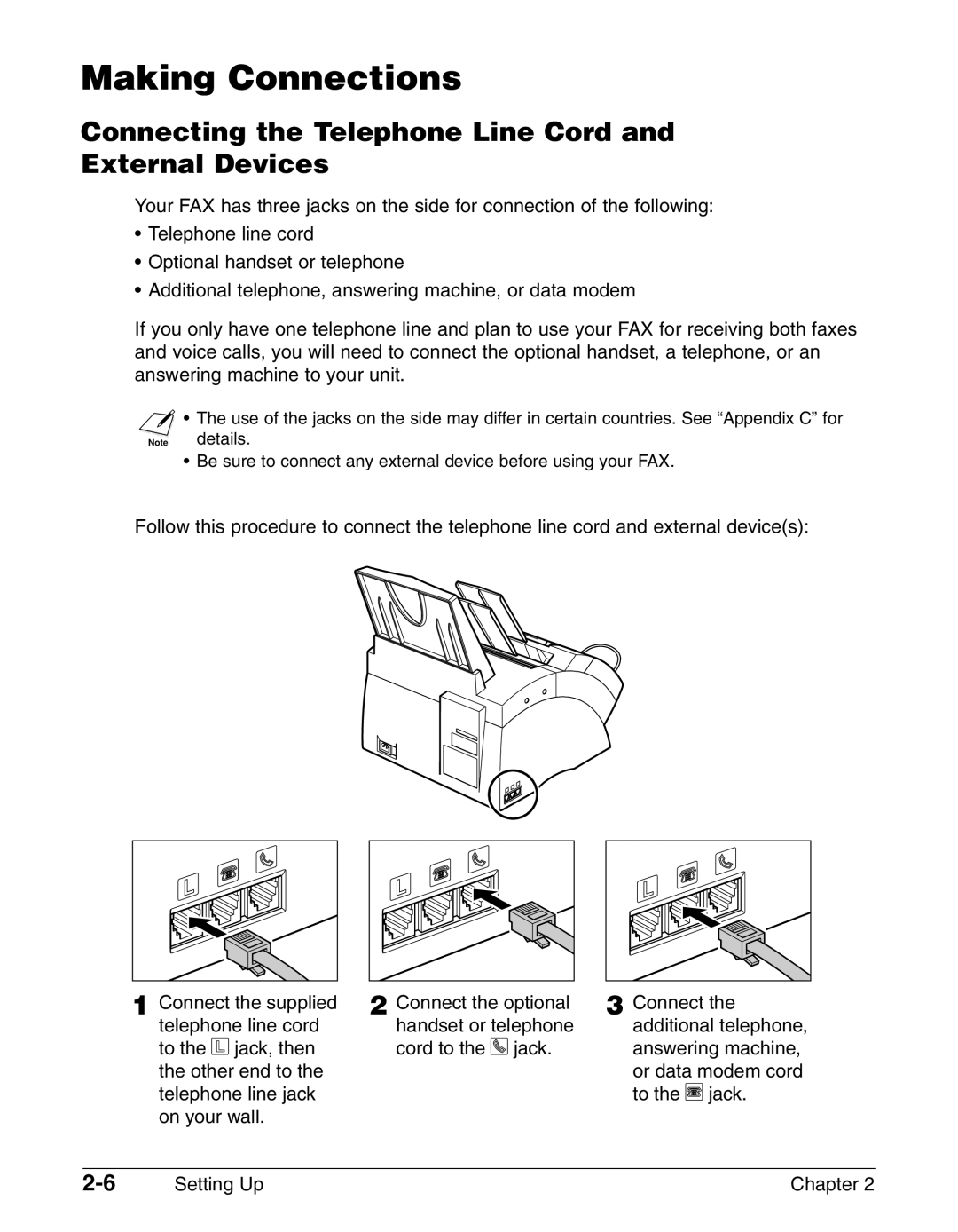 Canon FAX-L290, FAX-L240 manual Making Connections, Connecting the Telephone Line Cord and External Devices 