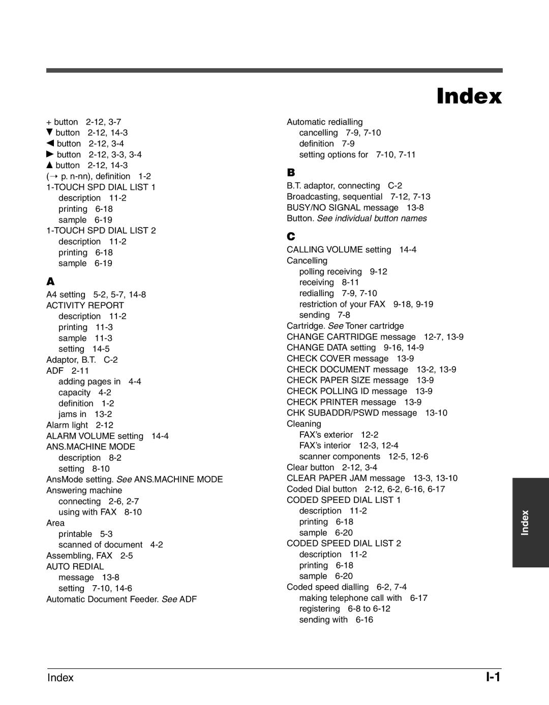 Canon FAX-L240, FAX-L290 manual Index 