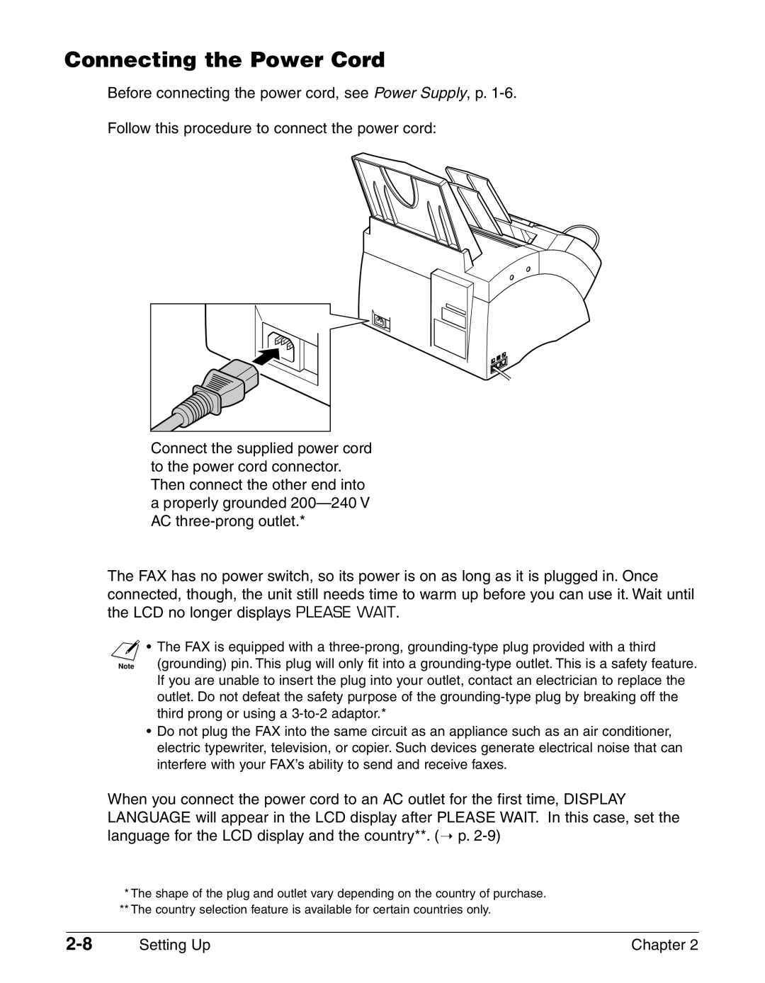 Canon FAX-L290, FAX-L240 manual Connecting the Power Cord, Setting Up Chapter 