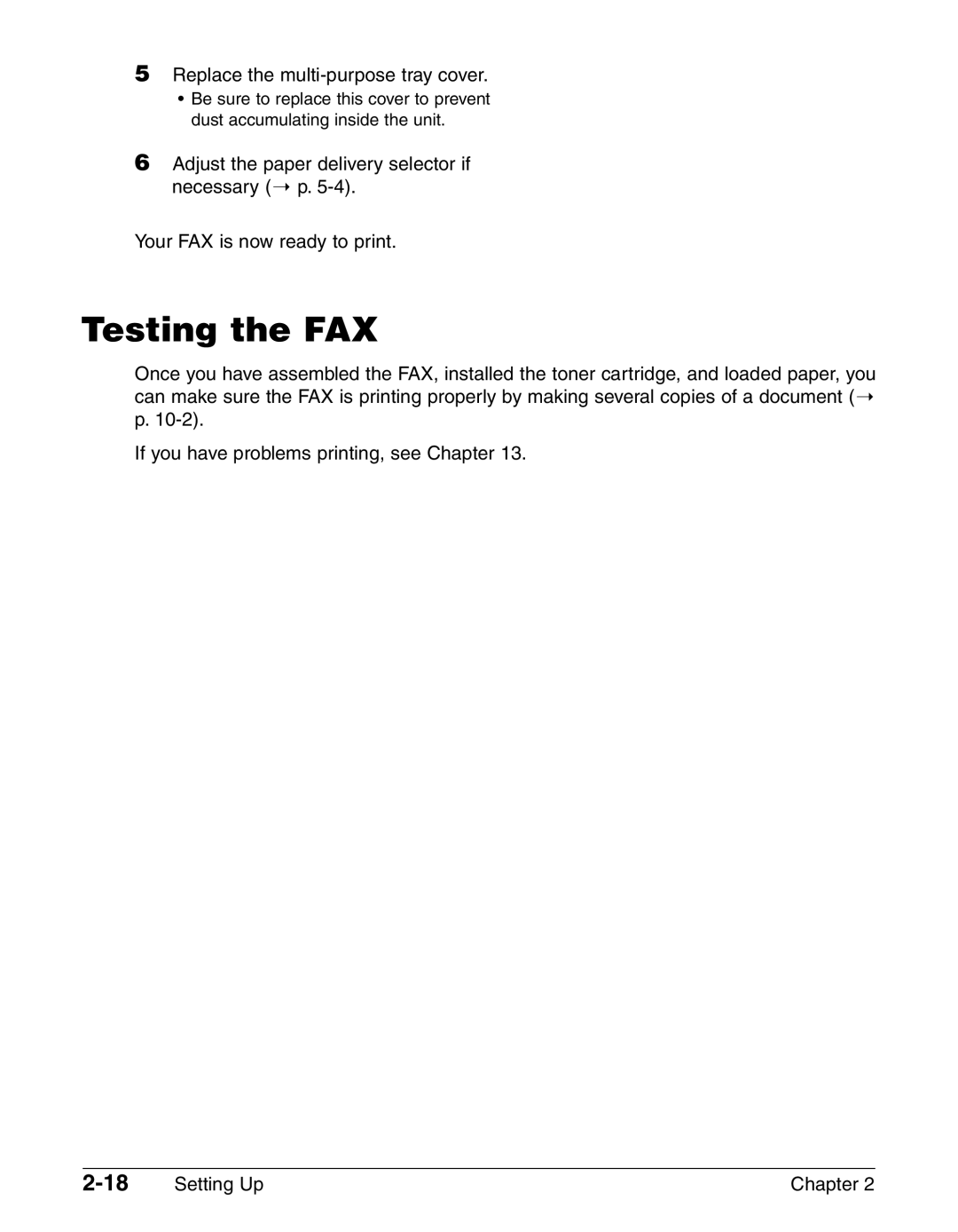 Canon FAX-L290, FAX-L240 manual Testing the FAX, Replace the multi-purpose tray cover 