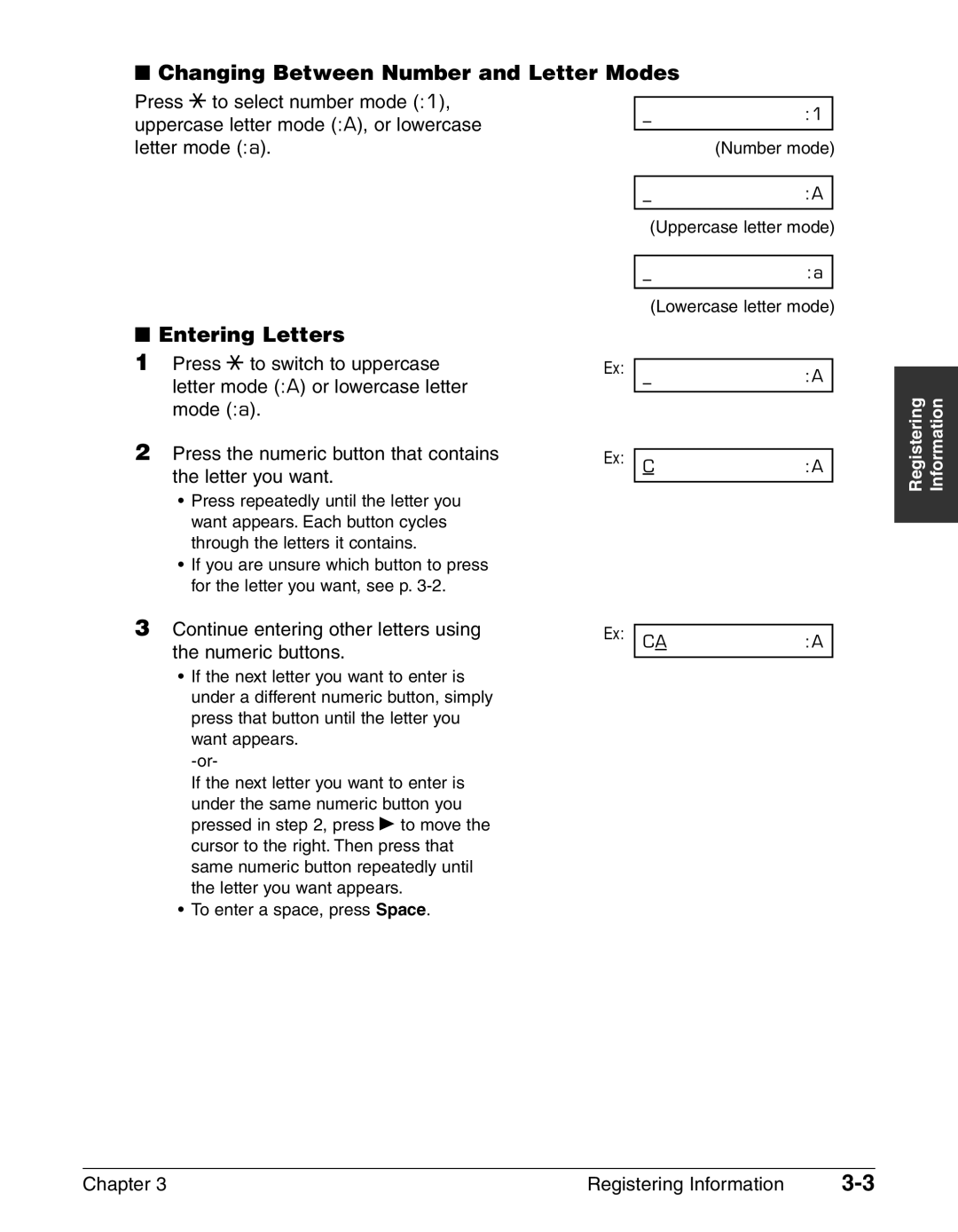 Canon FAX-L240, FAX-L290 manual Changing Between Number and Letter Modes, Entering Letters 