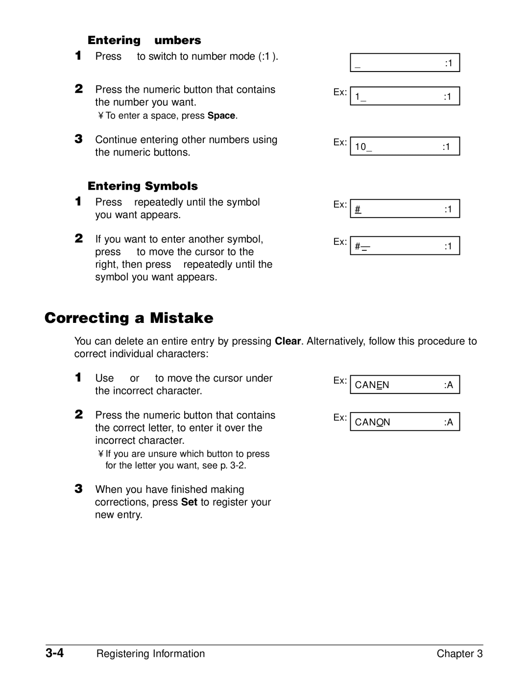 Canon FAX-L290, FAX-L240 manual Correcting a Mistake, Entering Numbers, Entering Symbols 