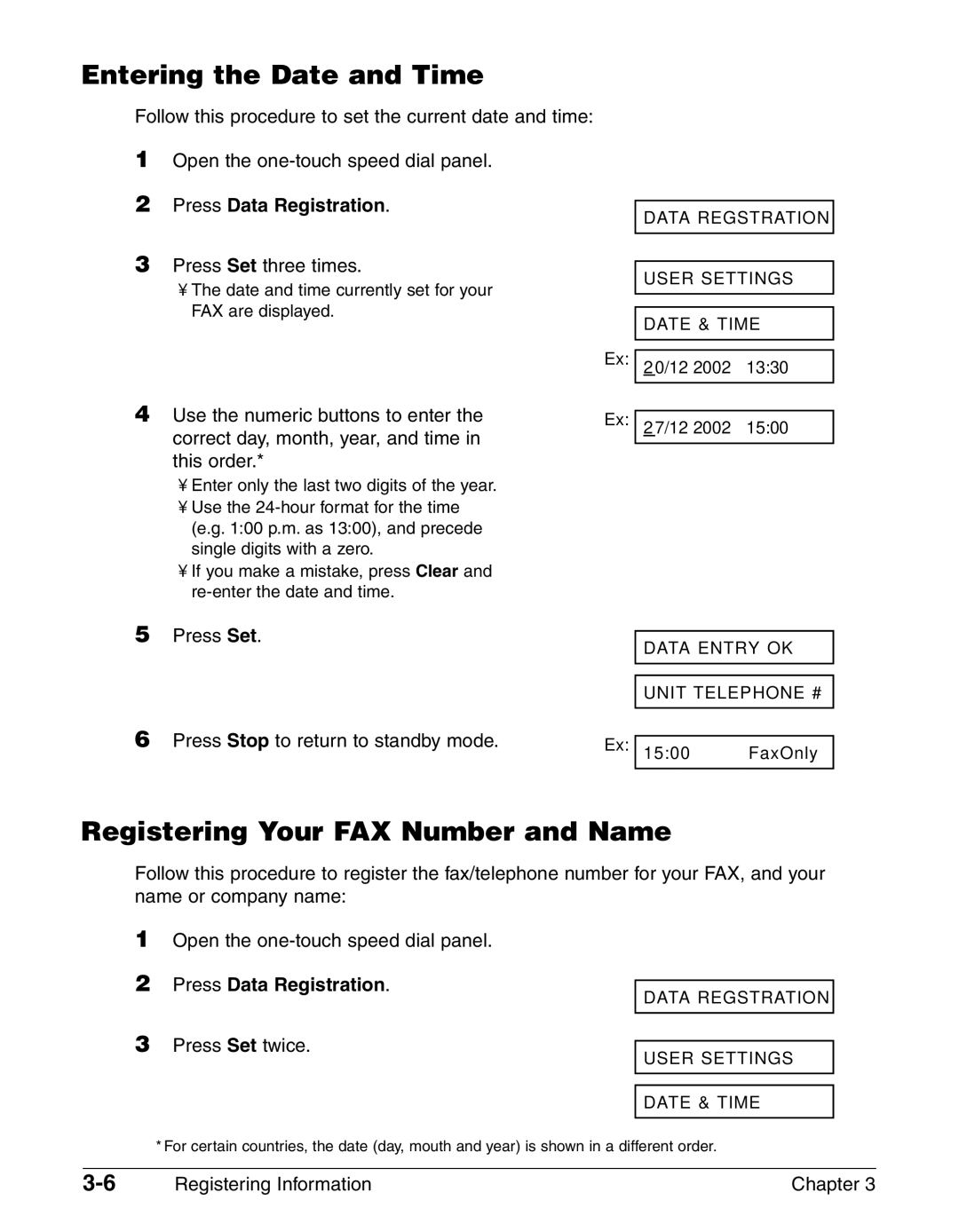 Canon FAX-L290, FAX-L240 manual Entering the Date and Time, Registering Your FAX Number and Name, Press Data Registration 