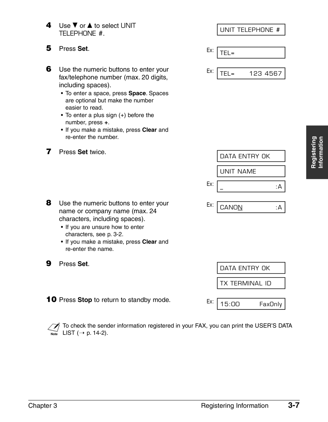 Canon FAX-L240, FAX-L290 manual Press Set Press Stop to return to standby mode, Chapter Registering Information 