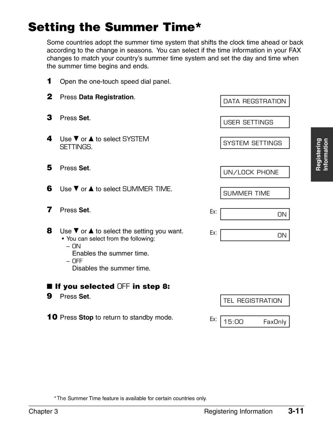 Canon FAX-L240 Setting the Summer Time, If you selected OFF in step, Enables the summer time, Disables the summer time 