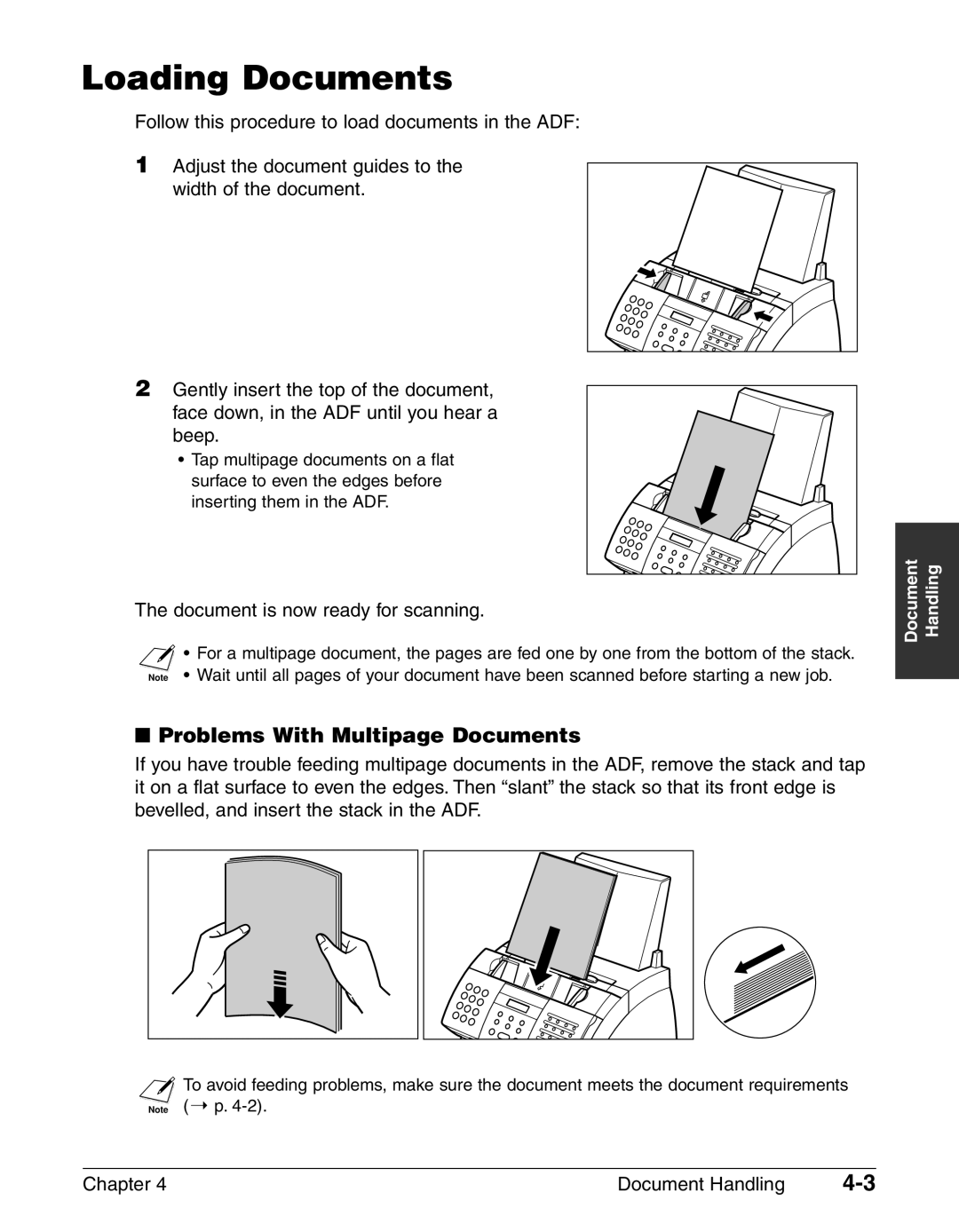 Canon FAX-L240, FAX-L290 manual Loading Documents, Problems With Multipage Documents, Document is now ready for scanning 