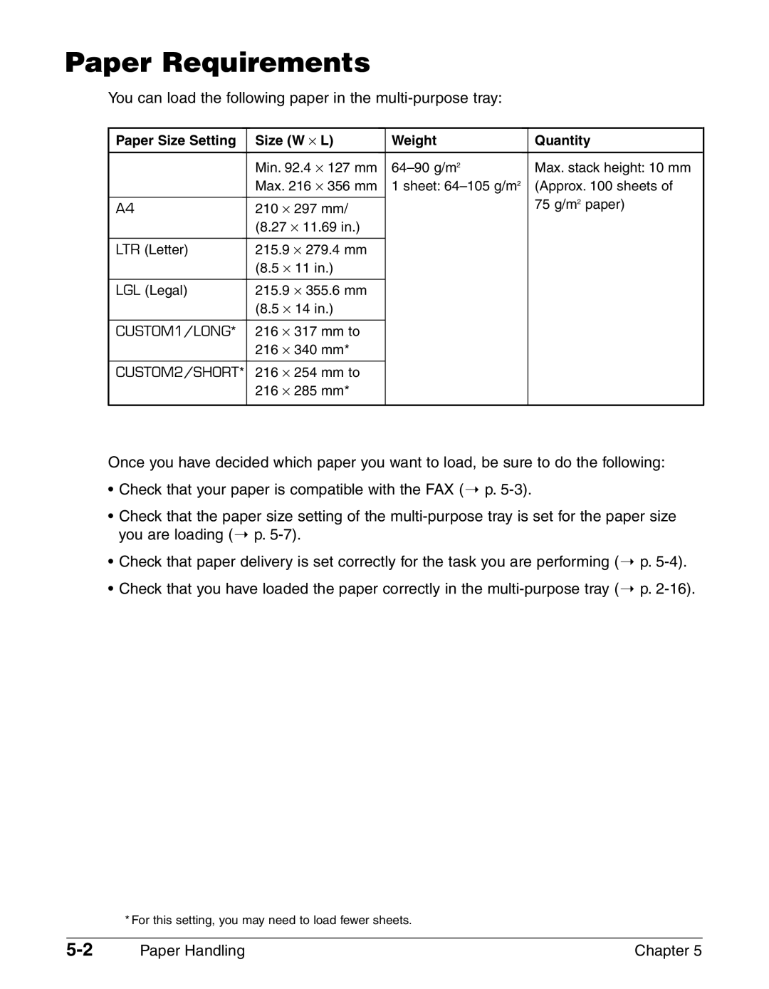 Canon FAX-L290 Paper Requirements, You can load the following paper in the multi-purpose tray, Paper Handling Chapter 