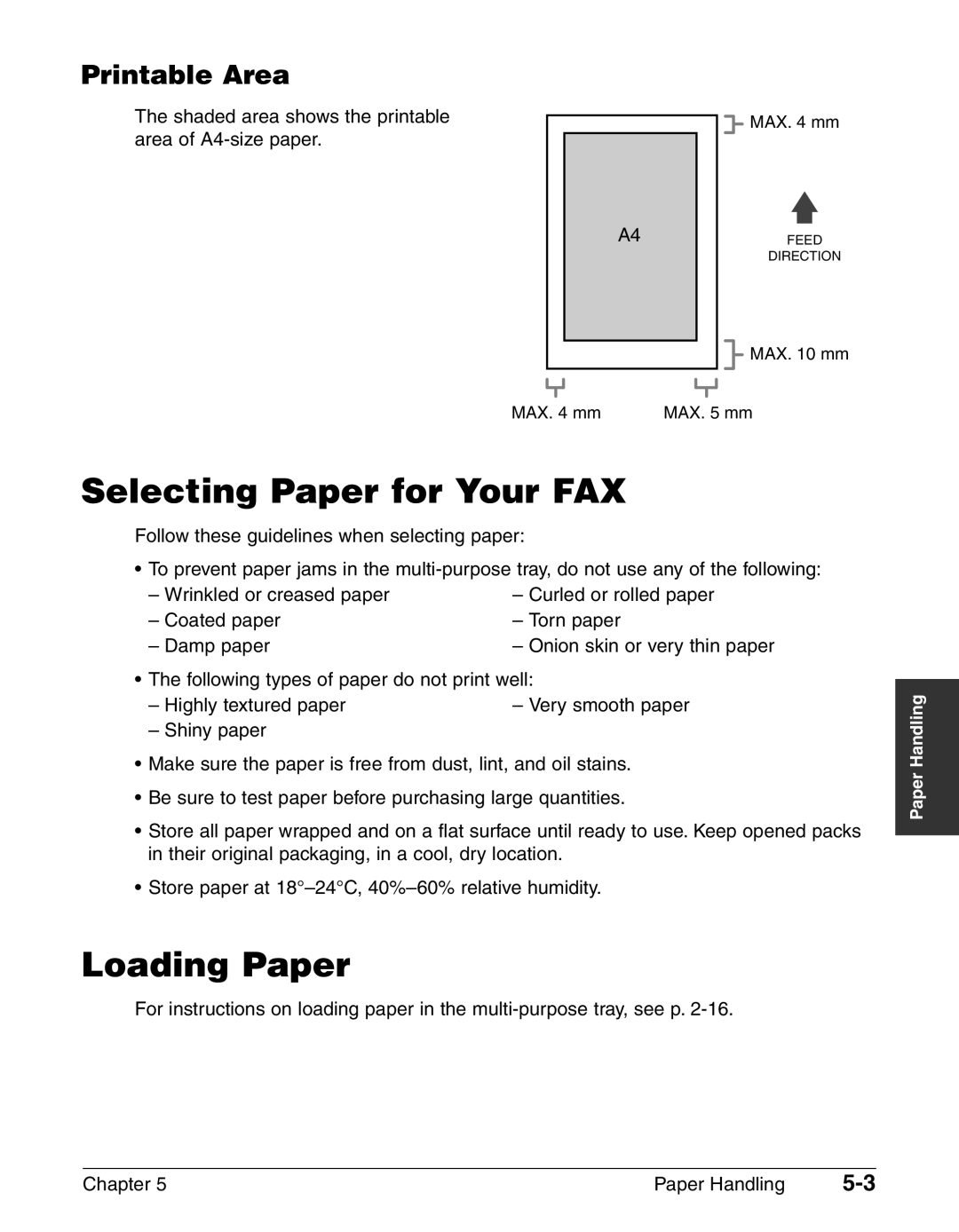 Canon FAX-L240 manual Selecting Paper for Your FAX, Printable Area, Shaded area shows the printable area of A4-size paper 