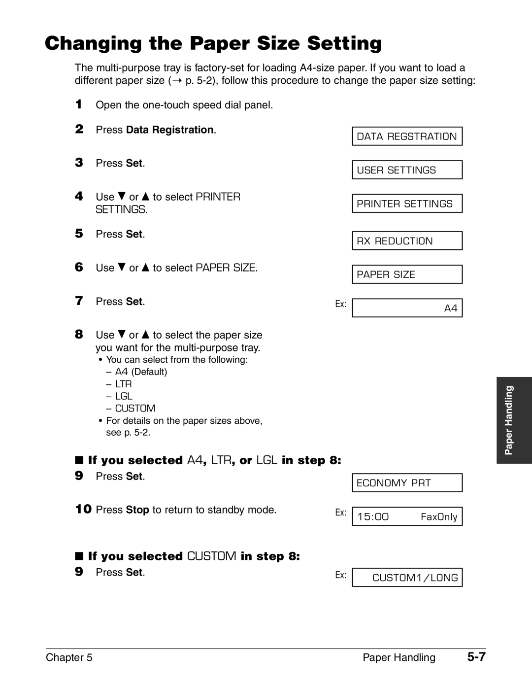 Canon FAX-L240 Changing the Paper Size Setting, If you selected A4, LTR, or LGL in step, If you selected Custom in step 