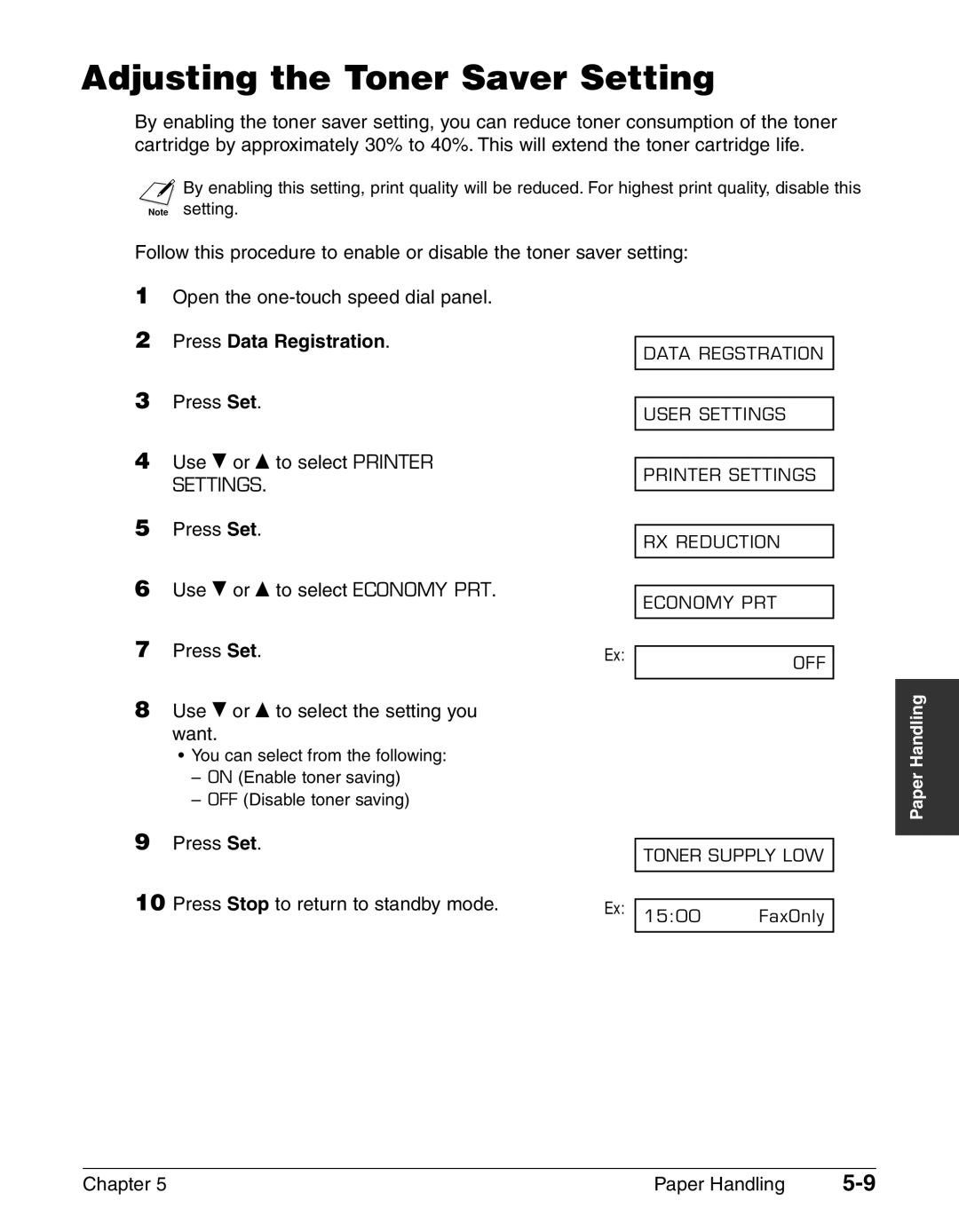 Canon FAX-L240, FAX-L290 manual Adjusting the Toner Saver Setting 