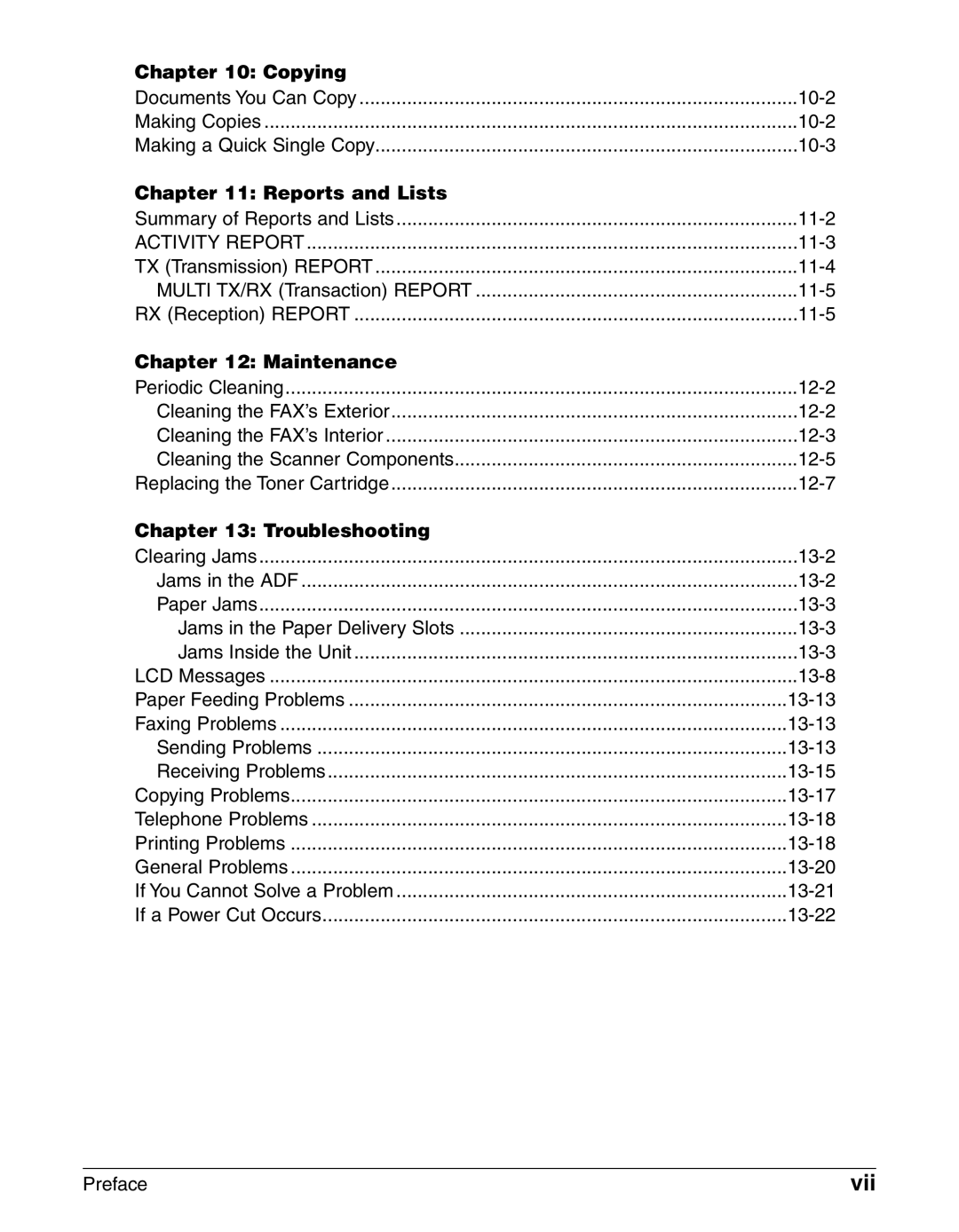 Canon FAX-L240, FAX-L290 manual Vii, Copying, Reports and Lists, Maintenance, Troubleshooting 