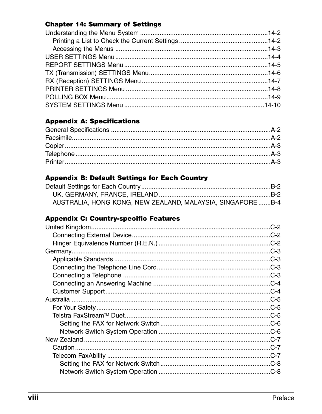 Canon FAX-L290 manual Viii, Summary of Settings, Appendix a Specifications, Appendix B Default Settings for Each Country 