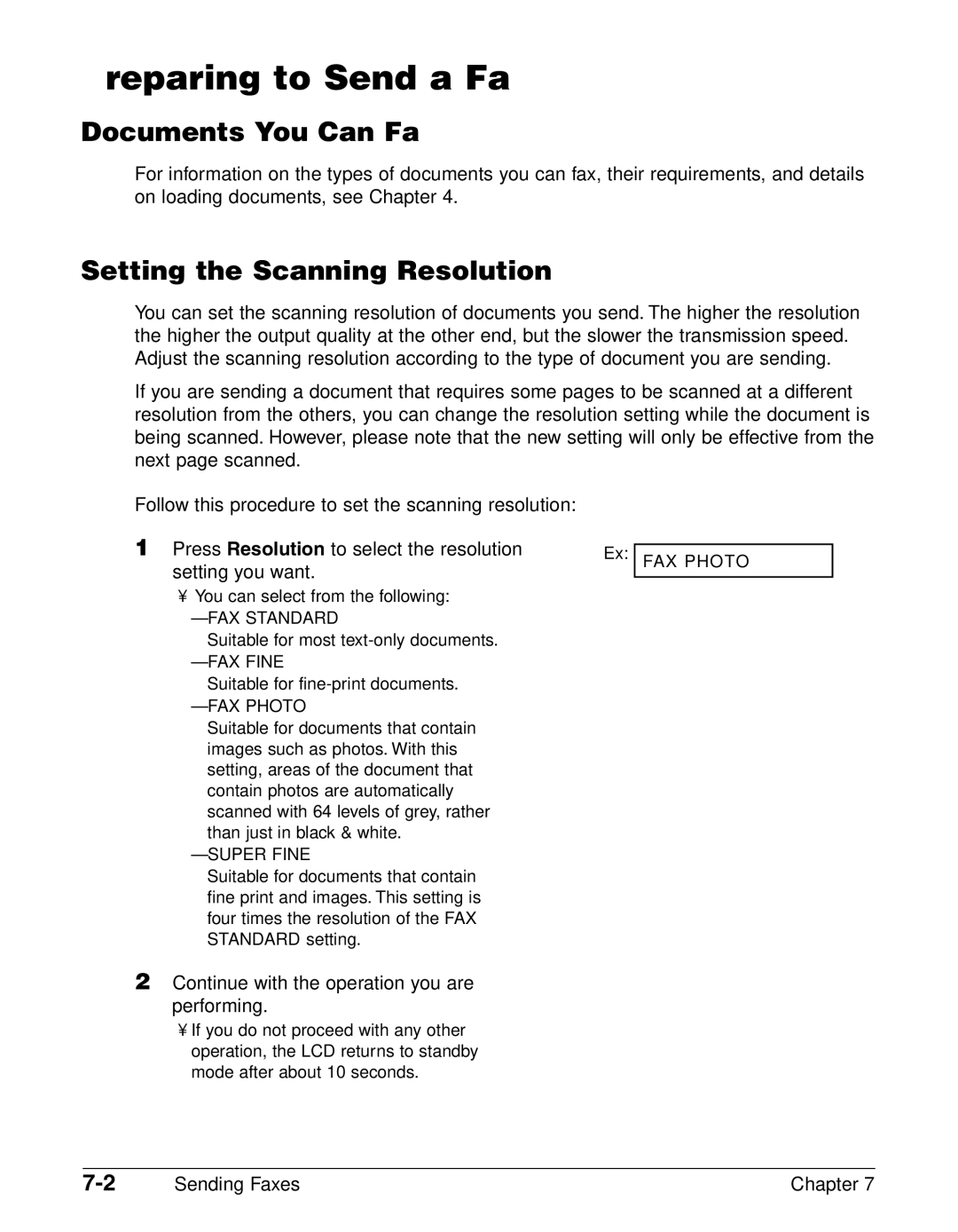 Canon FAX-L290 Preparing to Send a Fax, Documents You Can Fax, Setting the Scanning Resolution, Sending Faxes Chapter 